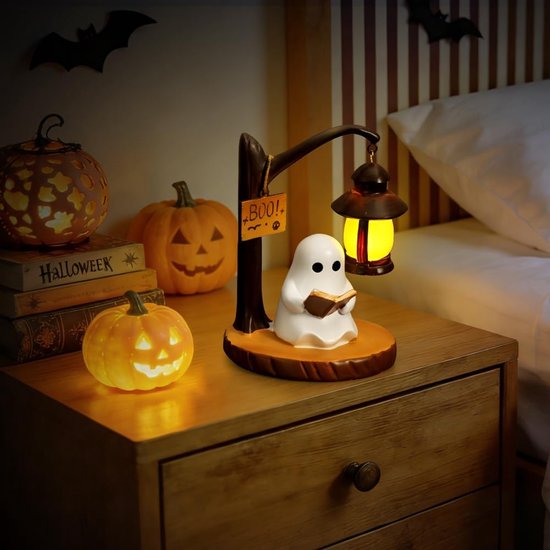 Spook leeslamp, Verlicht Spook bureaulamp, LED-leeslamp, Lichtgevend beeldje, Harsbeeldje, Halloween-decoratie voor kantoor, slaapkamer, studentenkamer, Spook onder de lamp — afbeelding 5