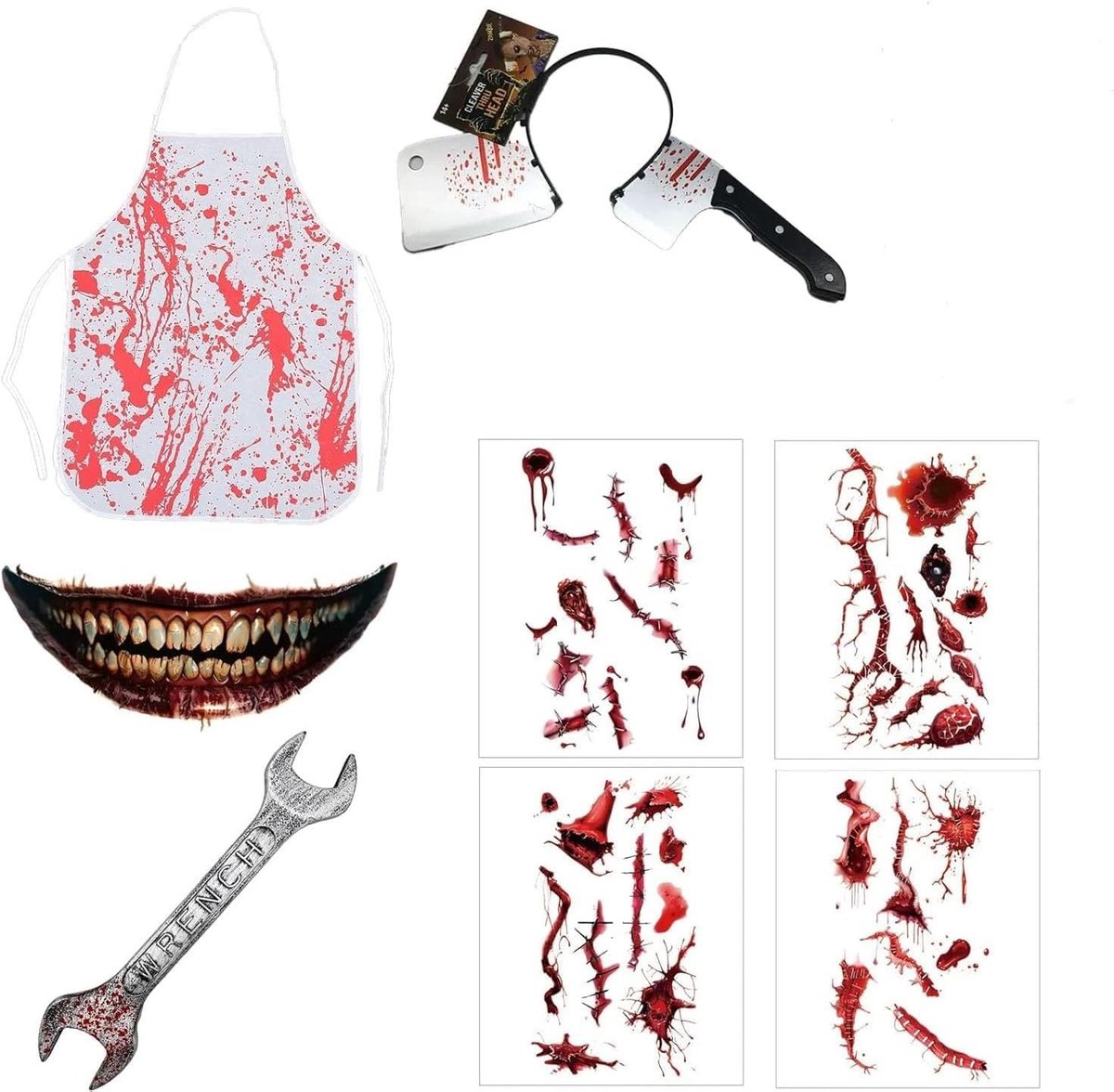 Horror kostuum voor Halloween met bloederige accessoires, bijl hoofdband, gereedschap, tatoeages en littekens voor volwassenen en tieners, universele maat