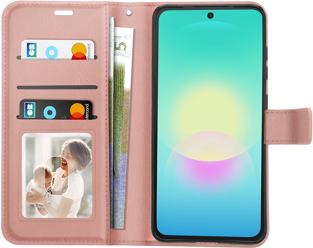 Mayaxess, Portemonnee Hoesje Geschikt voor Samsung Galaxy A27 met Videostandaard en Polsband, Roségoud