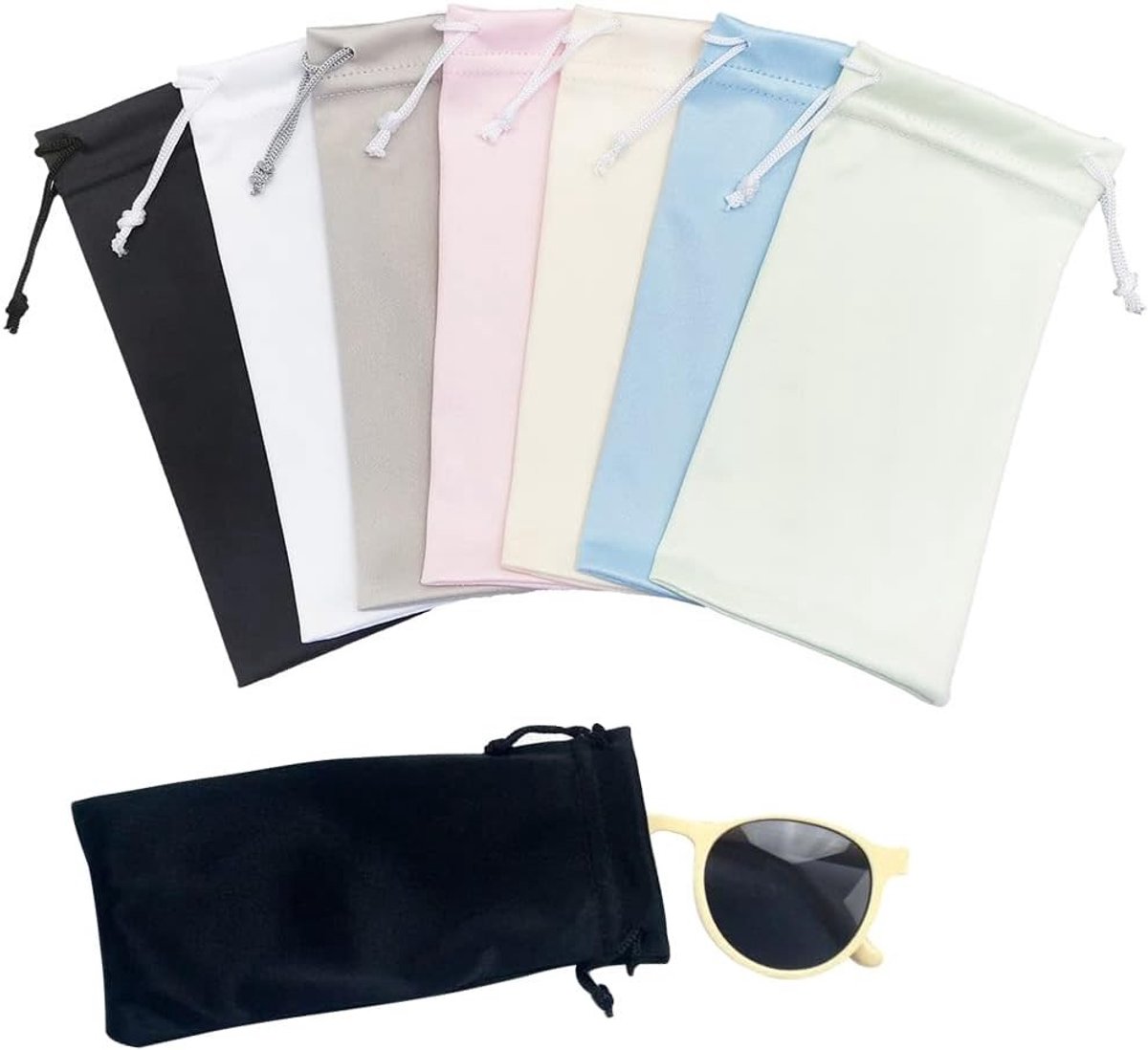 Zonnebril etui van microvezel met trekkoordsluiting, 7-delige set, multicolor en handig voor onderweg