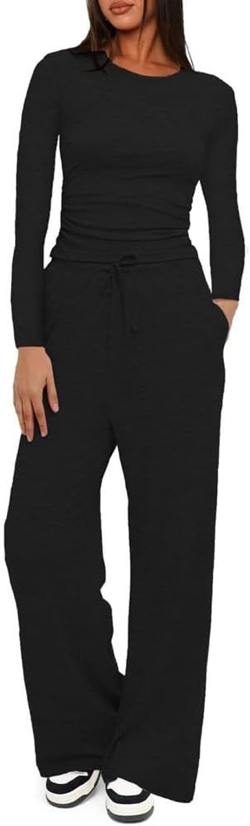 Stijlvolle 2-delige trainingsoutfit met lange mouwen, broek met zakken en trekkoord voor casual en sportieve thuisfitness