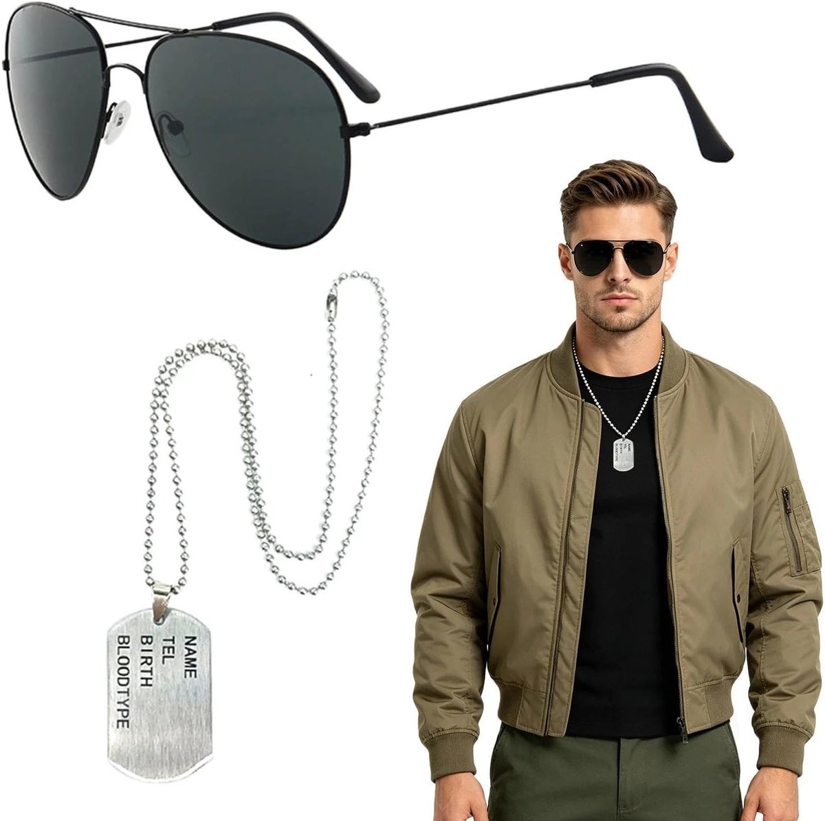 2-delige militaire kapitein kostuum met zonnebril, hondenpenning accessoires, ideaal voor Halloween en themafeesten