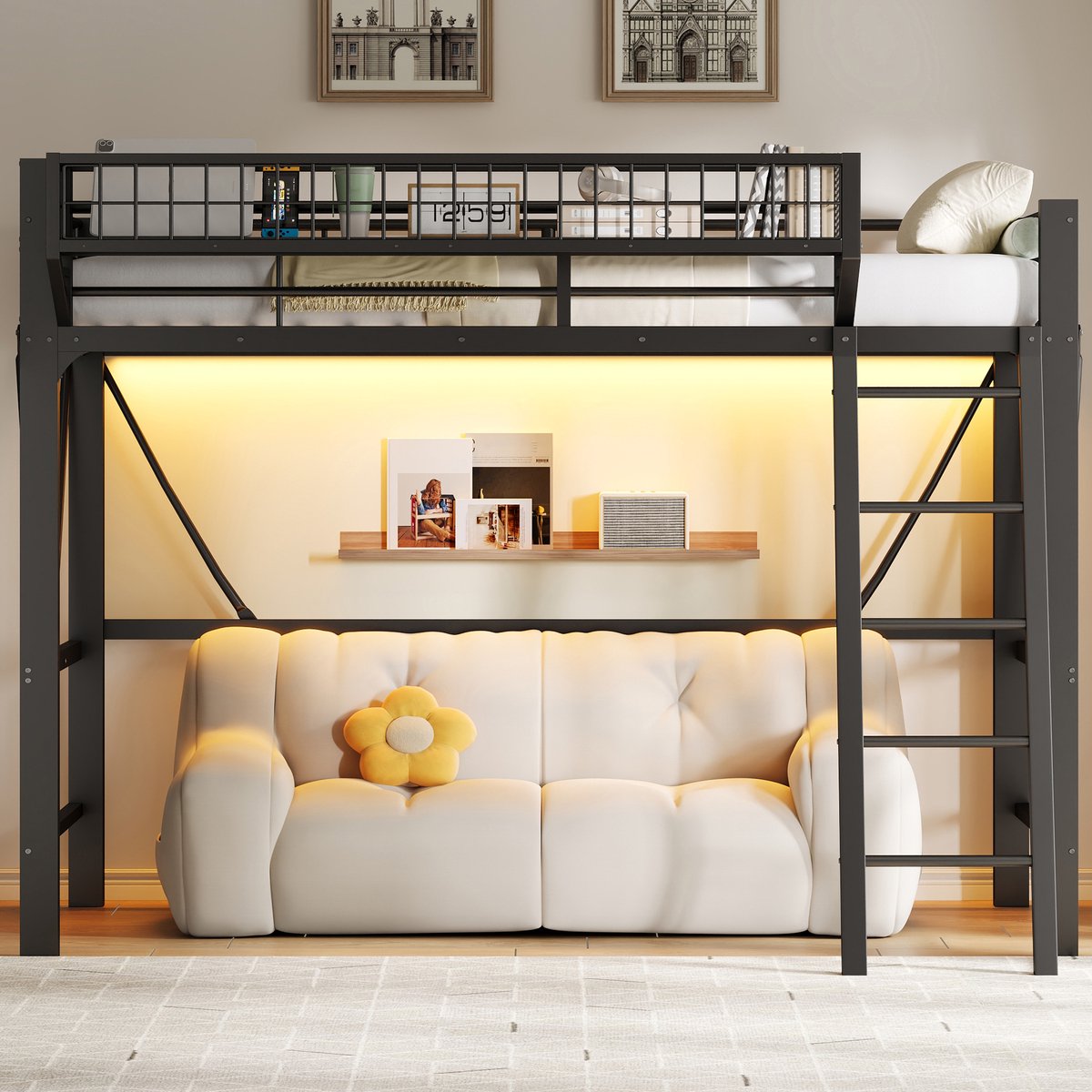 COVREO Hoogslaper met LED-verlichting – 204x124,5x180 cm – Metalen kinderbed met opbergruimte – voor kinderkamer – Zwart - zonder matras