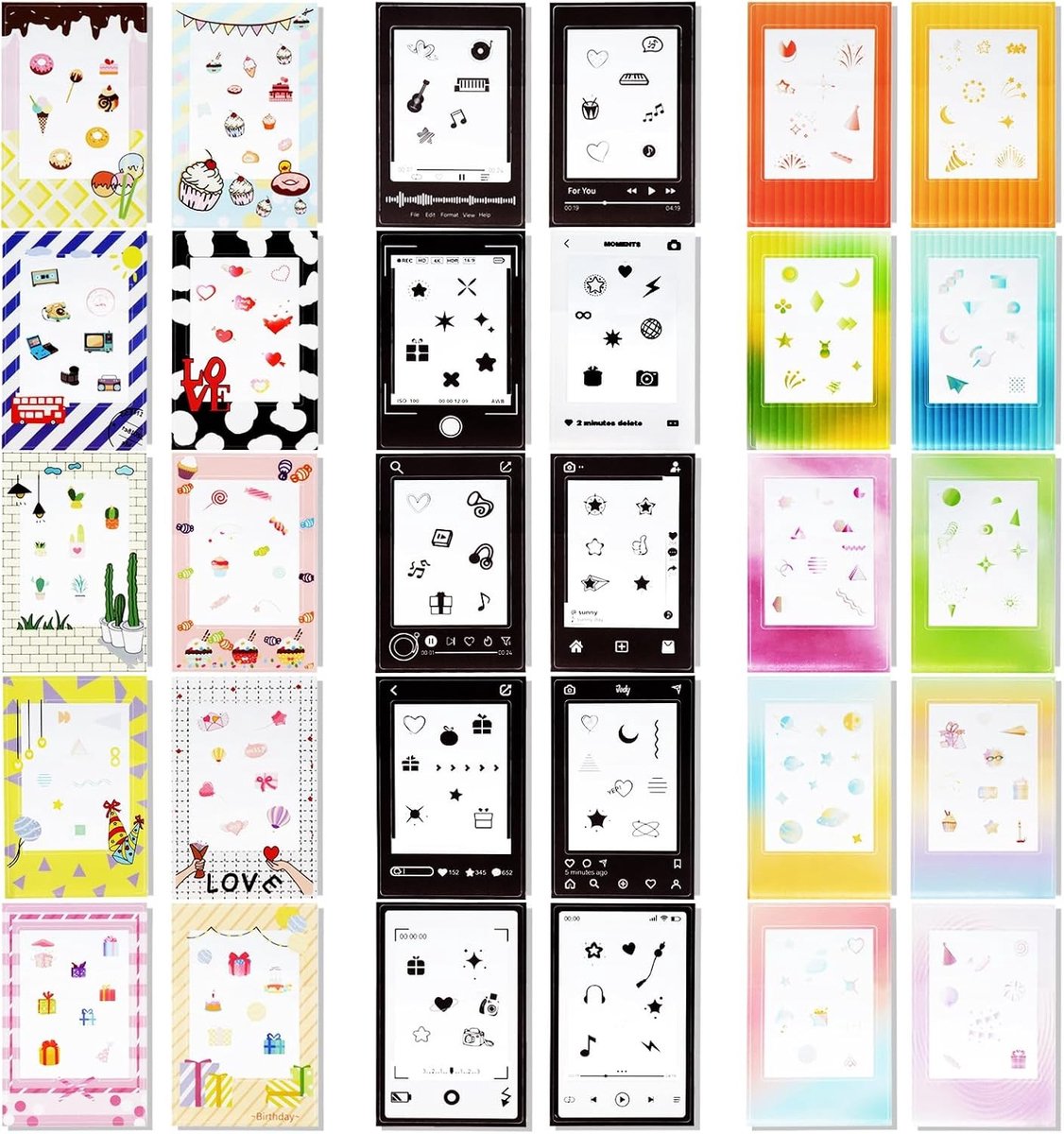 30 Stuks Foto Frame Stickers Set met Cartoon Decoratie, Mini Houten Klemmen en Randstickers voor Fujifilm Instax Mini Film Decoratie