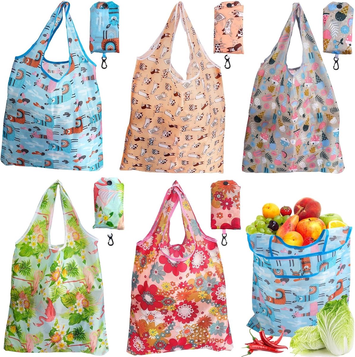 Vouwbare boodschappentassen in pouch - 5 stuks, wasbare en waterdichte polyester tasjes voor duurzaam winkelen en gebruiksgemak