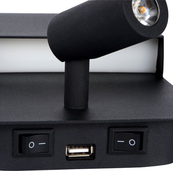 Detail van zwarte wandlamp met verstelbare spot, aan/uit schakelaars en USB-poort.