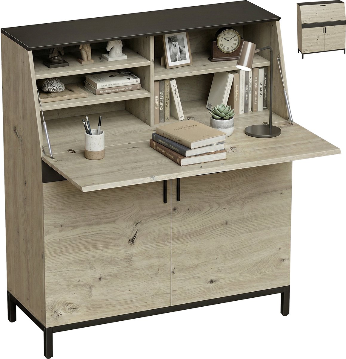 Homcom Secretaire Bureau met Klapblad en Opbergruimte - Schrijftafel - Computerbureau - Naturel met Zwart natuurlijk hout, zwart