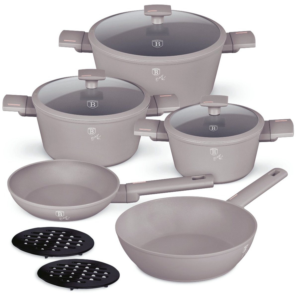 Berlinger Haus Pannenset Taupe 7-Delig - Kookpan ø 20, 24, 28 cm & Koekenpan ø 20, 24 cm - geschikt voor alle warmtebronnen