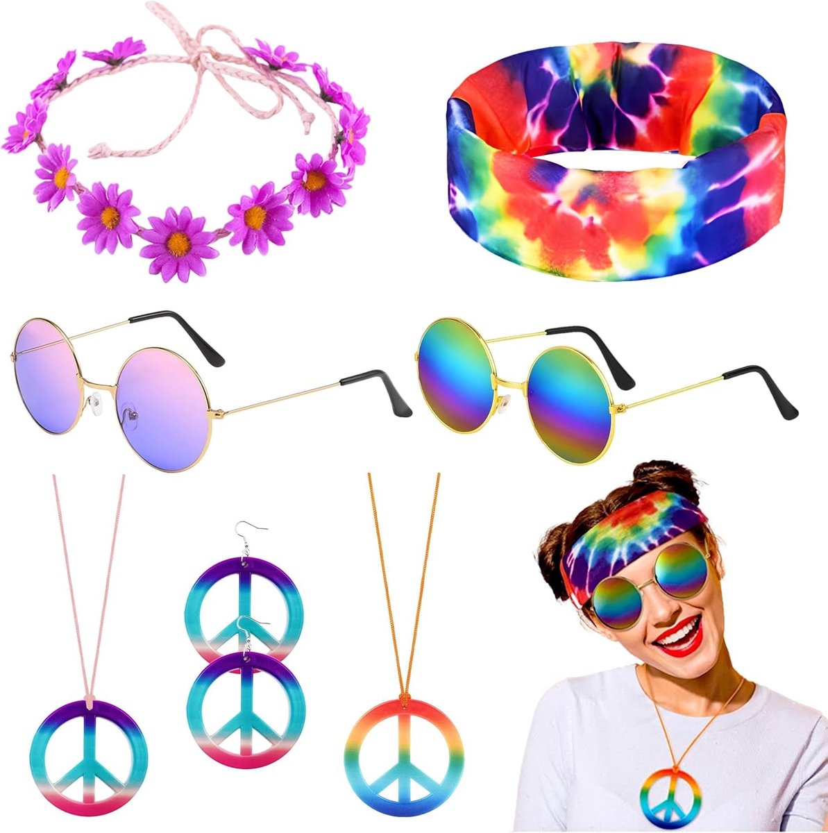 Vintage Hippie Kostuum Set met 7 Stukken, Accessoires voor 60s en 70s Feest, Inclusief Hoofdband, Zonnebril en Vredesteken Sieraden