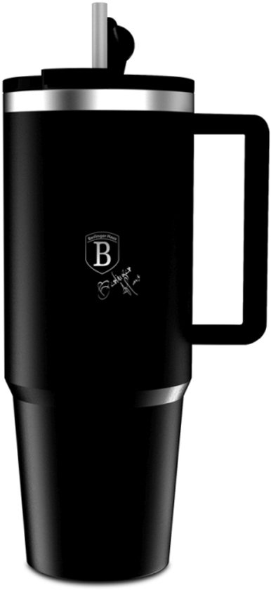 Zwarte thermosbeker met rietje, handvat, en een logo.