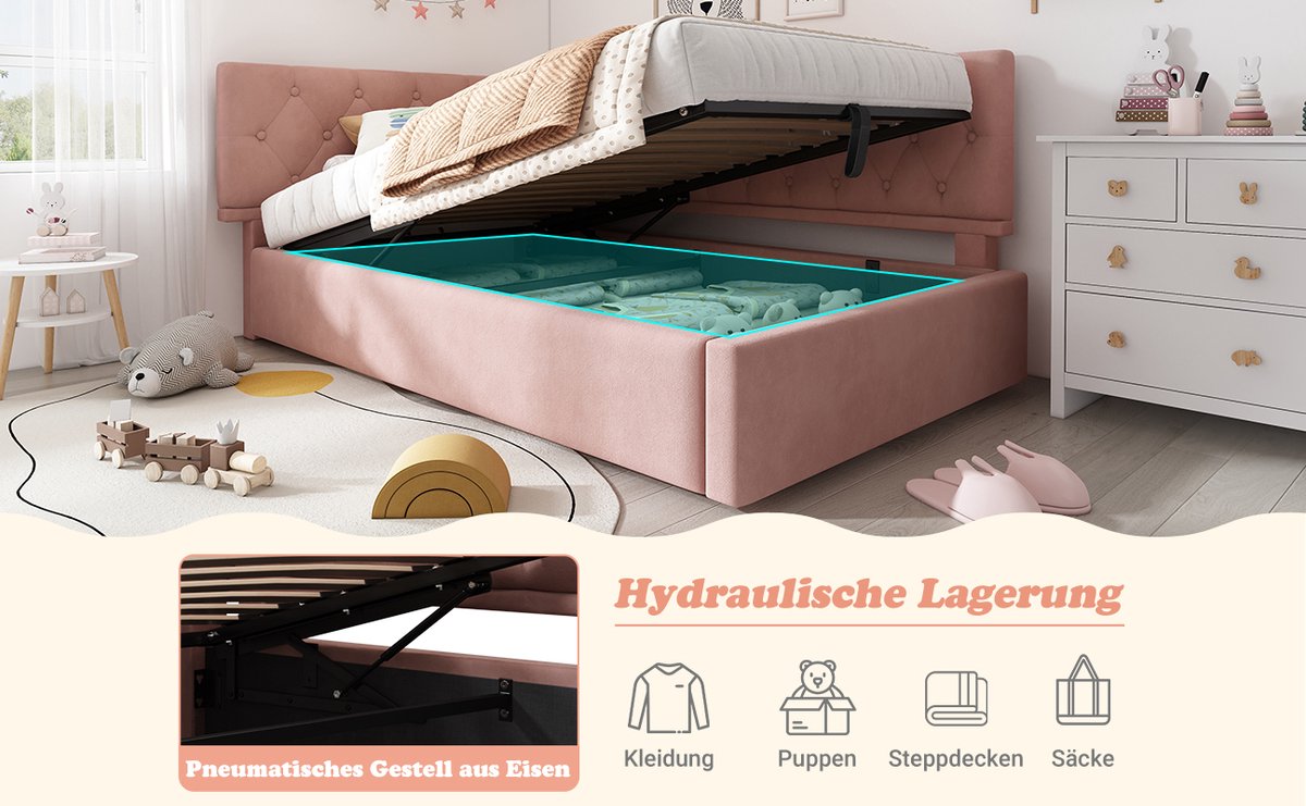 WUVRIE bedbank 90x200 cm met hydraulische opbergruimte en verstelbaar hoofdeinde, roze