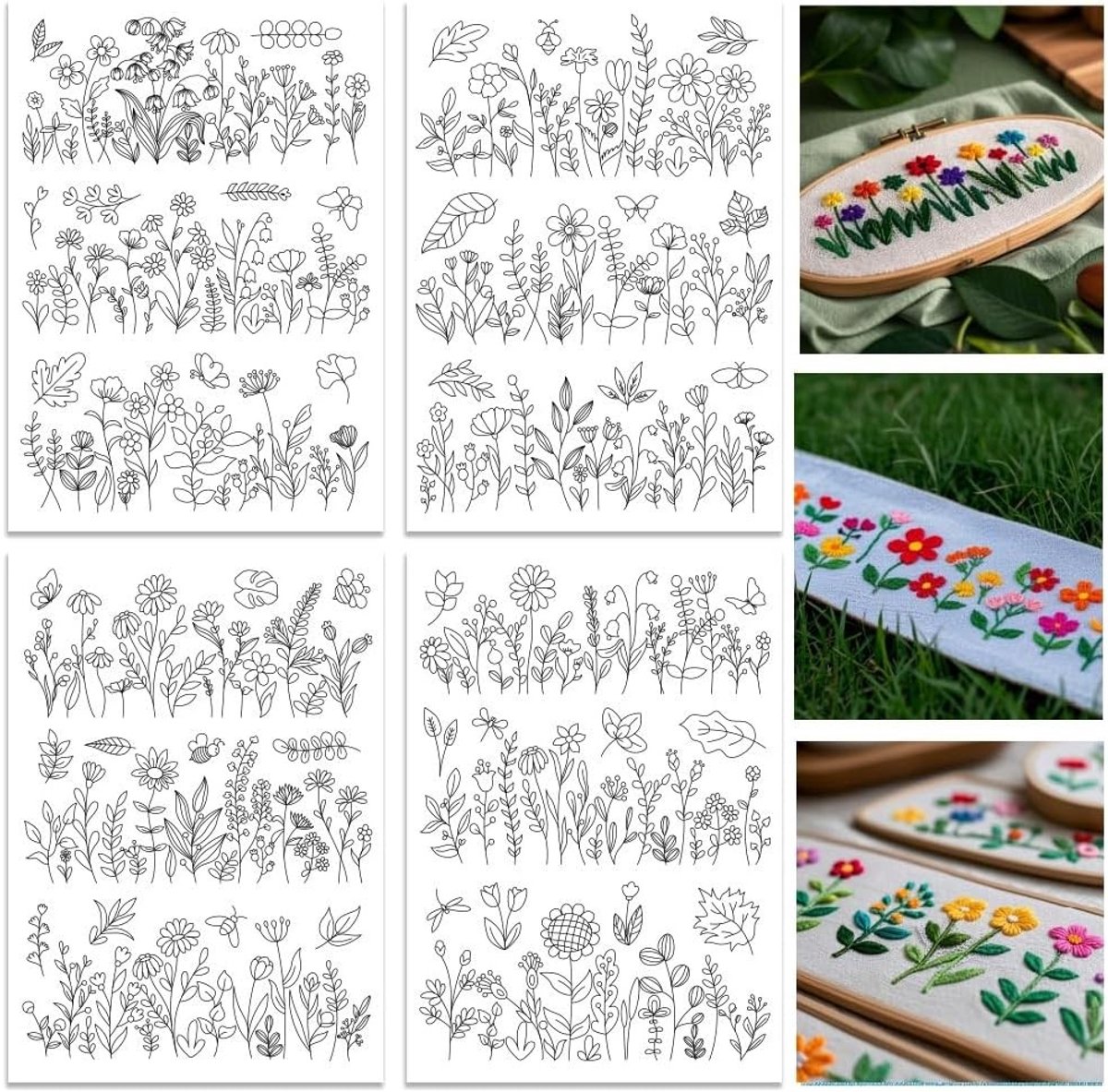 4 Bladen 12 Stuks Wateroplosbare Borduurpatronen Stabilizers - Voorafgedrukte Bloemen en Struiken Ontwerpen - Stick & Stitch Borduurpapier voor Handwerk Enthousiastelingen en Creatieve Projecten