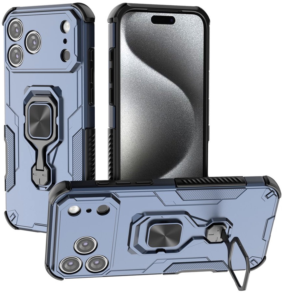 MobyDefend Hoesje - Geschikt voor iPhone 18 Pro Max - Dubbelgelaagde Pantsercase Met Standaard - Blauw