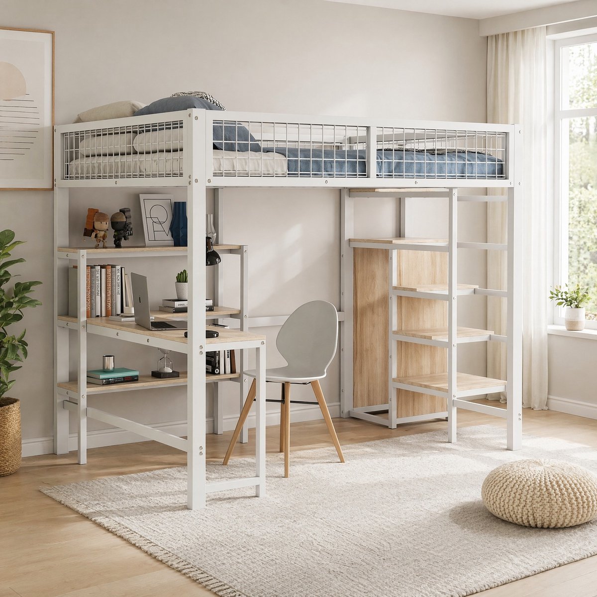 COVREO Stapelbed met bureau en opbergruimte – 140x200 cm – Hoogslaper van MDF en metaal – voor volwassenen en slaapkamer – Wit - zonder matras