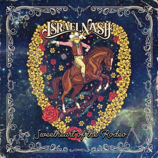 Israel Nash Sweetheart of the Rodeo albumhoes met cowboy op een paard, omringd door een hartvormig bloemmotief.