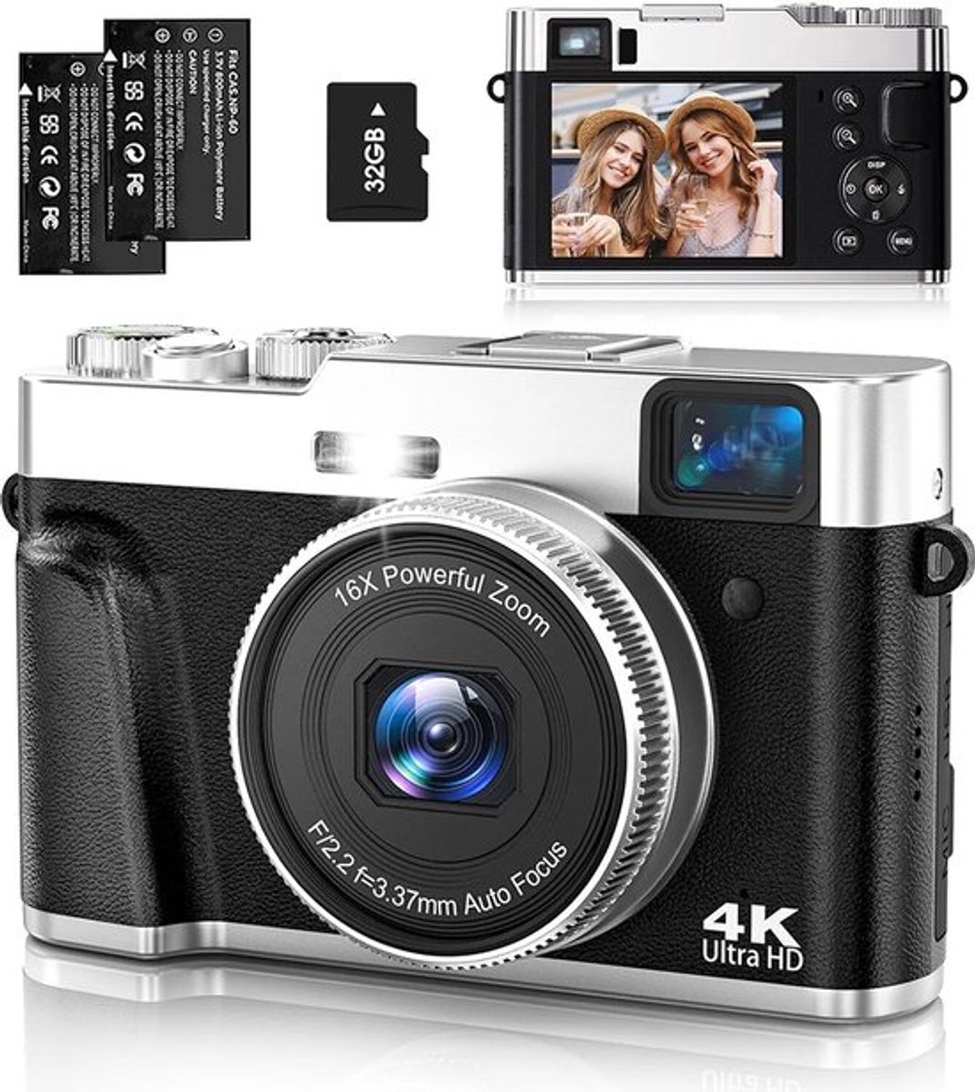 Digitale Camera 4K 48MP UHD Met 16x Digitale Zoom - Compactcamera Met Roterend Dashboard - Optische Zoeker - 32GB Geheugenkaart