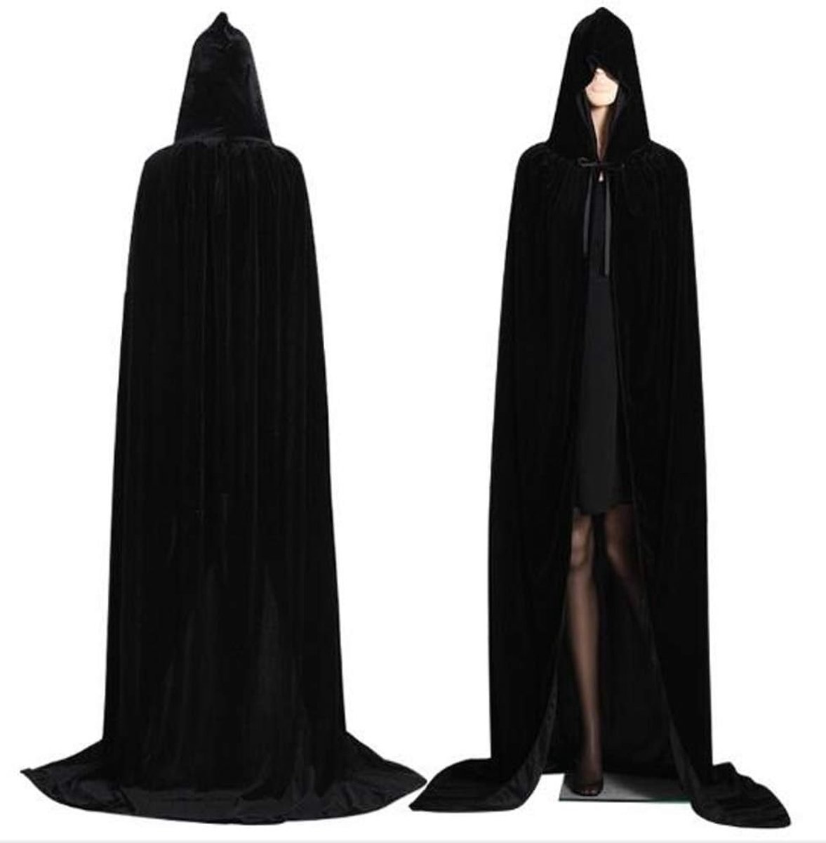 Lange zwarte capuchonmantel voor Halloween kostuum, ideaal voor heks, duivel en vampier cosplay feestkleding