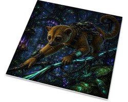 Glanzend tegeltje Cyberpunk rolstaartbeer kinkajou op lichtgevende kabels in sci-fi regenwoud Kleurrijk olieverf fantasie dier met tegelhanger 15x15 cm glanzend