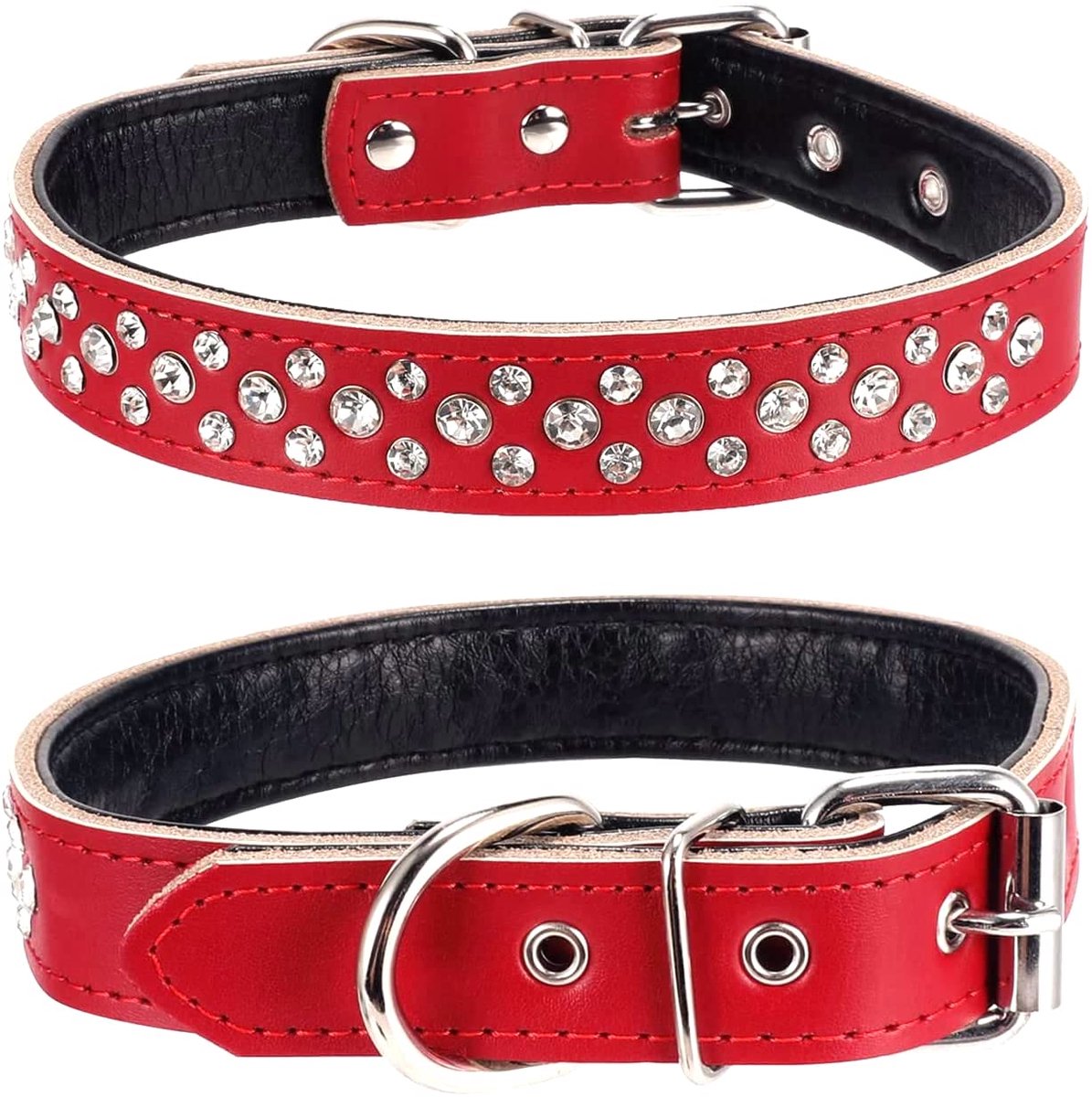 Haoyueer strass hondenhalsband, verstelbare, sprankelende, kristal bezette, echte lederen halsband voor huisdier/hond - ShopVlot
