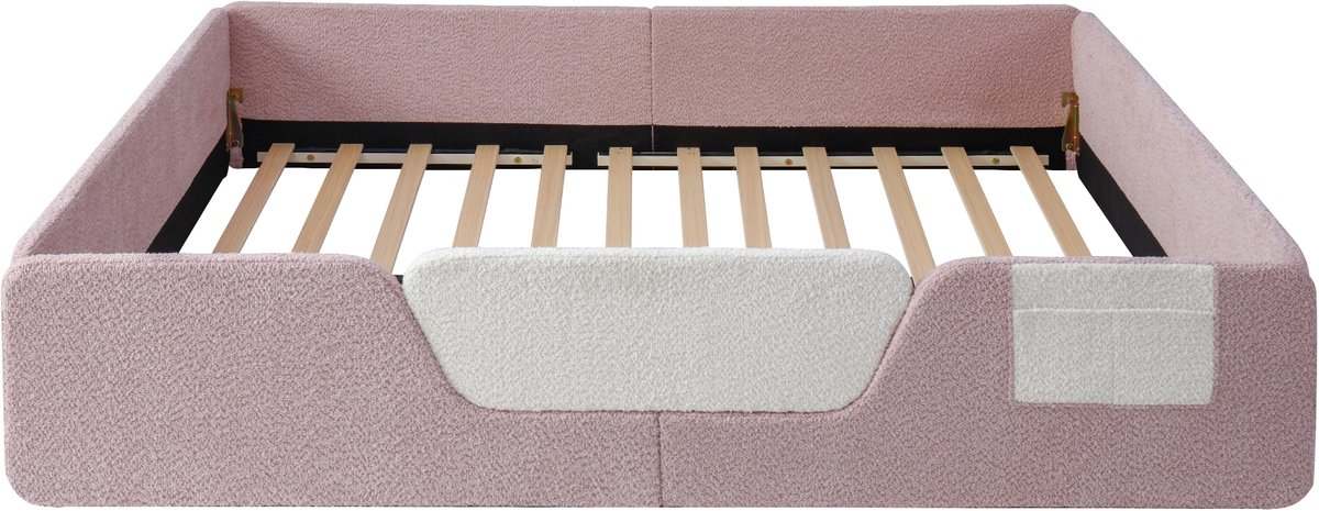 WUVRIE Gestoffeerd kinderbed 140x190 cm met afneembare veiligheidshekken en opbergzak, roze