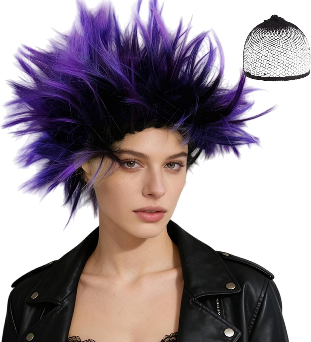 Korte paarse pruik voor cosplay en feestjes, leuke en gekke kostuumpruik voor Halloween, muziekfestivals en themafeesten voor volwassenen