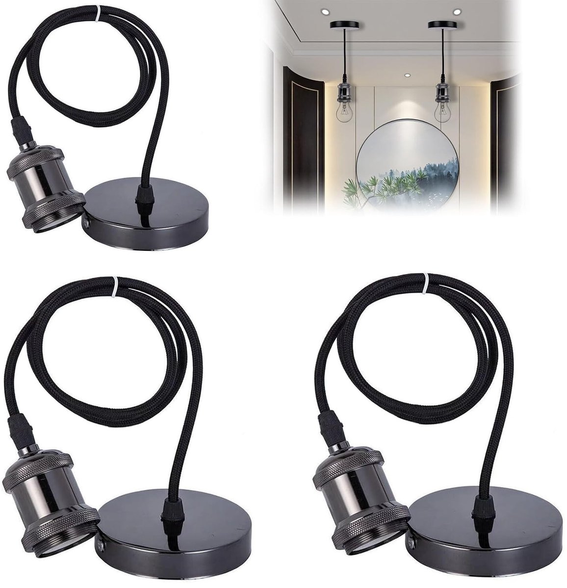 Set van 3 E27 Lampen met Hangkabel, Vintage Pendant Light, E27 Fitting, Ideaal voor Thuis, Bar en Café, 100 cm Kabel voor Stijlvolle Verlichting