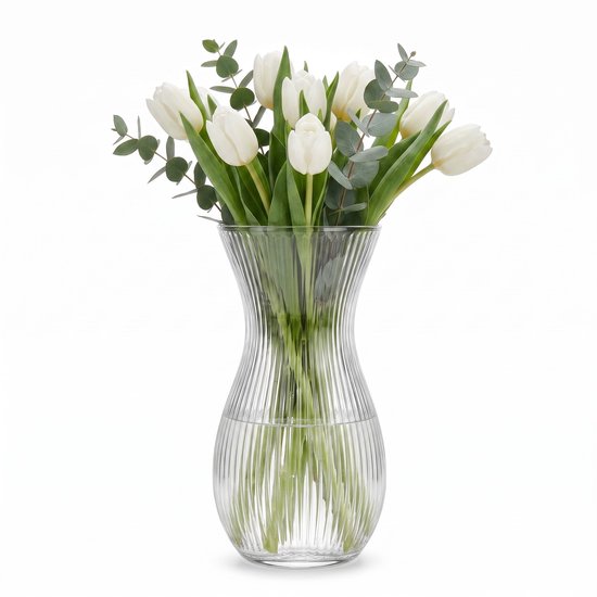 Salvik Vaas Glas Transparant - Geribbeld - 25 cm Hoog - Taille - Modern - Waterdicht - Voor Bloemen - Bloemenvaas
