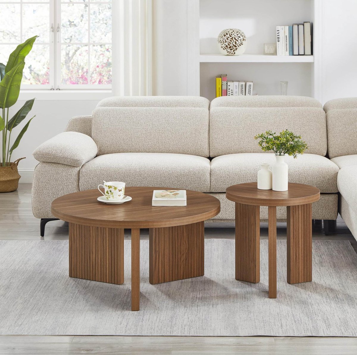 Modenuit Salontafel - Ronde 2-Delige Tafelset Met Rillenstructuur - Voor Woonkamer En Kantoor - MDF - Walnootbruin