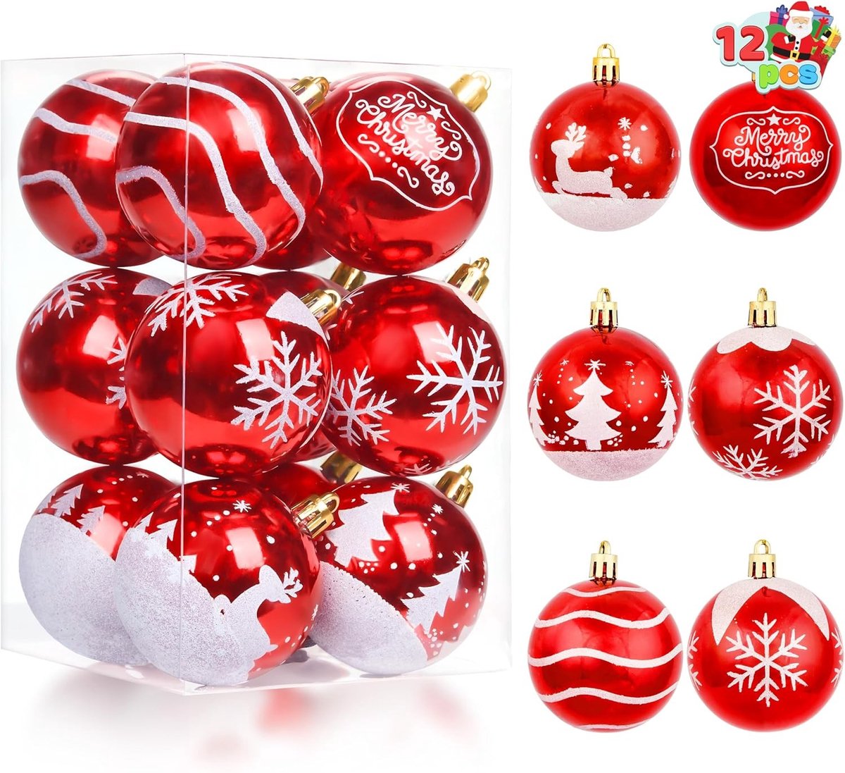12-delige Kerstbal Ornamentenset in Rood en Wit, 5.8 cm, Delicate Schildering en Glanzende Versieringen, Schokbestendige Kerstdecoratie voor Boom, Balustrades en Guirlandes