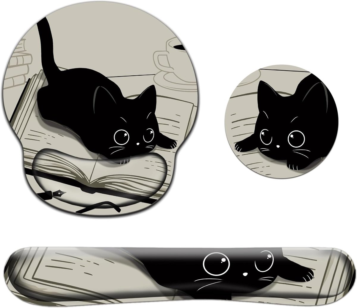 Ergonomische 3-in-1 muismat met polssteun en onderzetter, kattenleesthema voor comfortabel werken, thuiskantoor en bureauaccessoires
