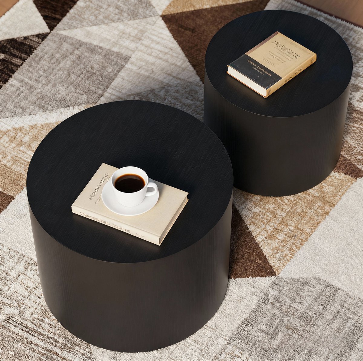 Wishdor Bijzettafel set - 2-delig rond design - Nesting tafels antislip voetjes - Modern - Woonkamer slaapkamer kantoor balkon terras - MDF - Zwart - Ø 48,5 x H 38,5 cm