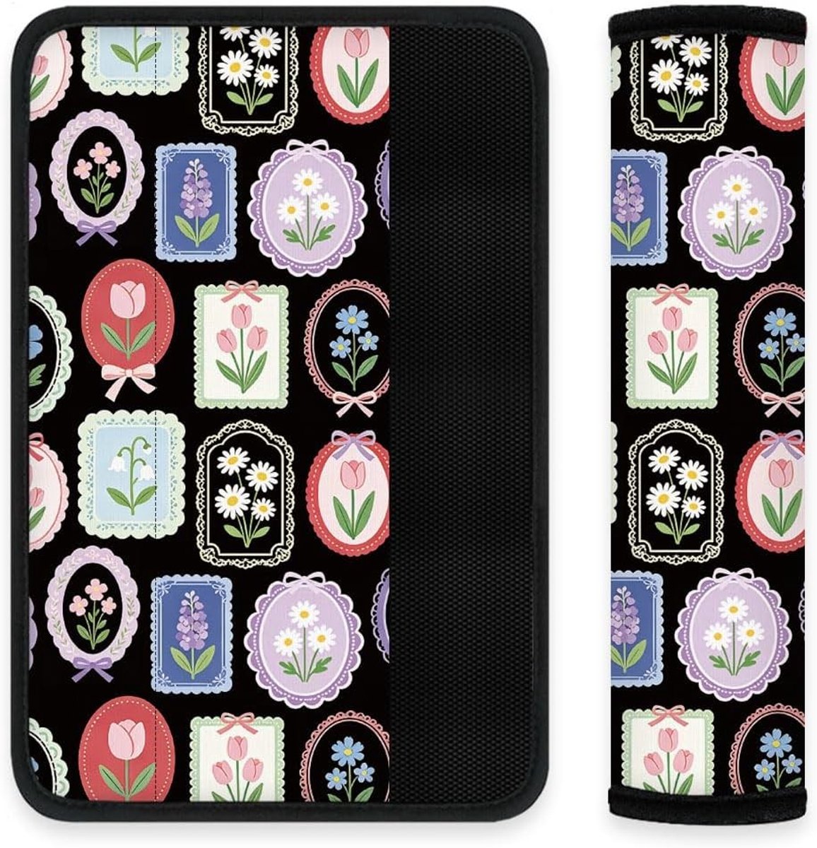 Zachte Schouderpads voor Autogordels met Bloemenprint - Comfortabele Bescherming voor Autogordels en Rugzakriemen, 11 x 18.5 cm, Ideaal voor Lange Rit en Reiscomfort
