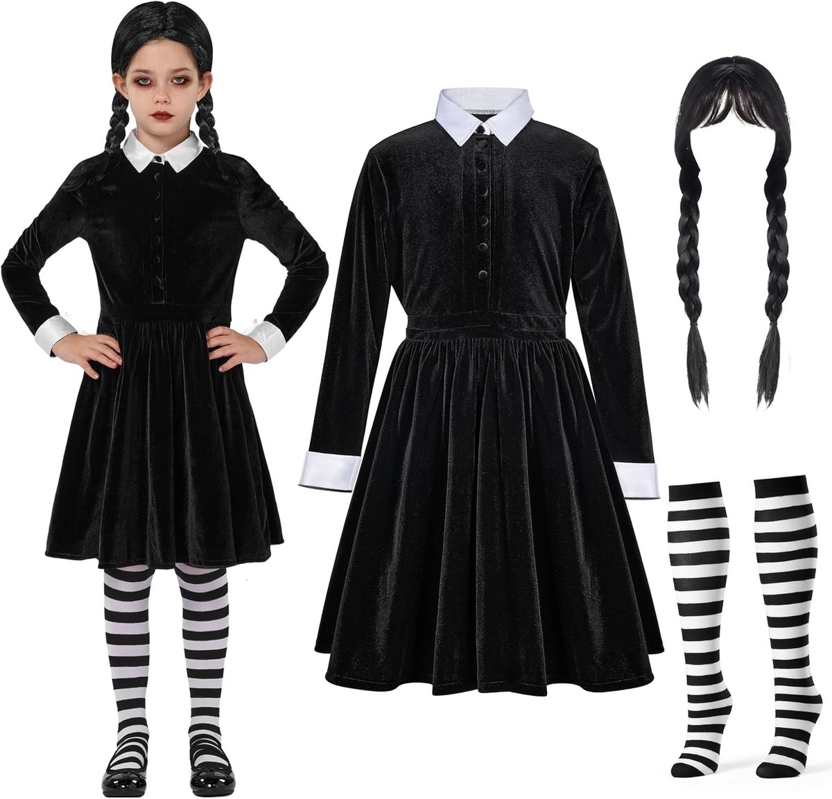 Zwarte Kraag Jurk voor Meisjes met Lange Mouwen - Schoolmeisje Kostuum voor Halloween en Feestjes, Perfect voor Kinderen en Peuters