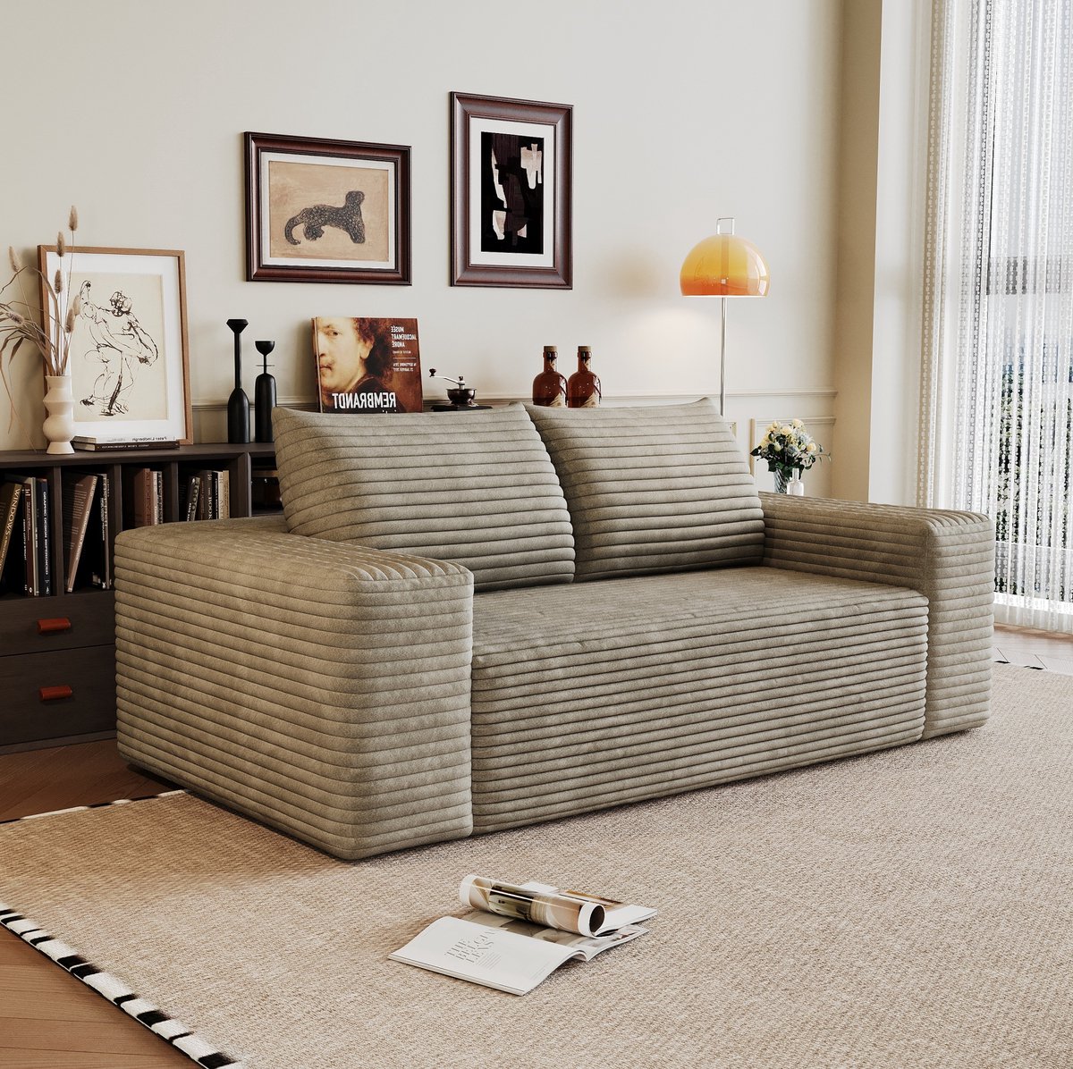 Wishdor Zitbank - Zachte corduroy bekleding - Modulaire rechte bank - 3-zits zonder montage - Woonkamer slaapkamer appartement - Camelkleur - 180 x 90 x 83 cm