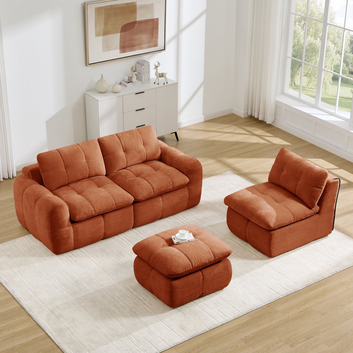 Wishdor Hoekbank - 3-zits modulair - Chenille, ottoman en zonder montage - Zacht, l-vormig en flexibel - Woonkamer appartement - Oranje - 264 x 160 x 68 cm
