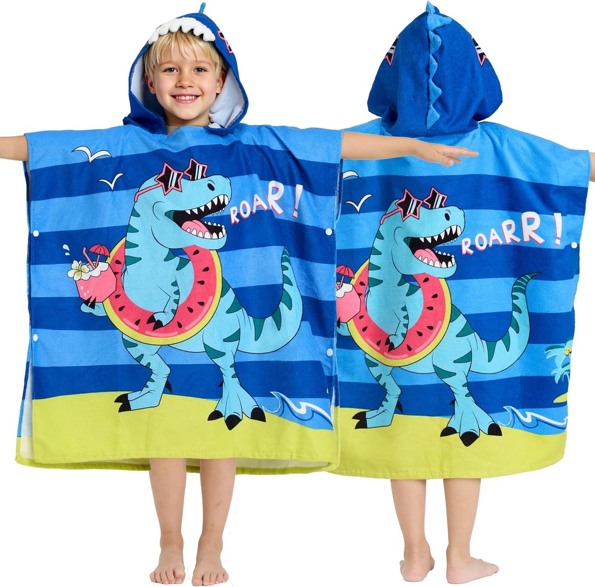 Hooded Badponcho voor Kinderen 76 x 76 cm met Dinosaurus Print, Sneldrogend Microvezel Badhanddoek voor Strand, Zwembad en Badkamer