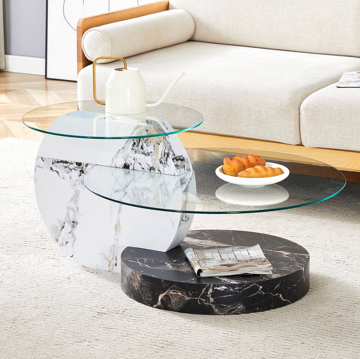 MODENUIT Salontafel - Dubbele Glaslagen - Modern Voor Woonkamer - MDF En Glas - Wit Zwart - 90x70x44 Cm