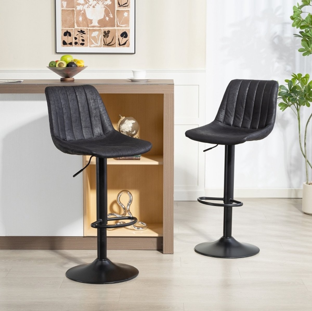 DESMIU Barkruk Set Van 2 43 X 46,5 X 89-110 Cm Retro Hoogteverstelbaar Met Voetsteun En Hoge Rugleuning Voor Keuken En Huisbar Zwart Microvezel Metaal