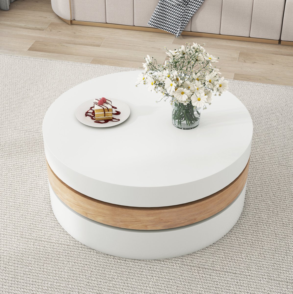 Wishdor Salontafel - Rond 360° draaibaar en uitbreidbaar - Verborgen opbergruimte - Modern - Woonkamer - MDF - Wit naturel - 60 x 60 x 35,1 cm