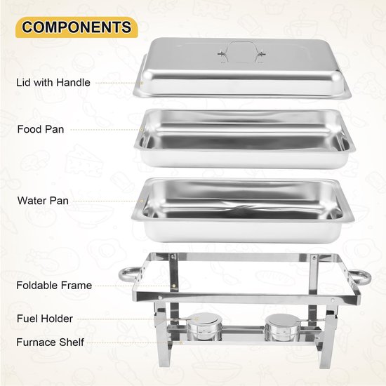Triumpunpre - 8 QT RVS Warmhoudschaal Buffet Set - Rechthoekige Chafing Dish met Deksel - Pannen en Brandstofhouders - Eten Warmhouder voor Catering, Feesten en Bruiloften - 2 Sets Originele Kleur Enkele cel — afbeelding 3