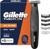 Gillette Fusion One, zwart, elektrisch scheerapparaat met 5 accessoires voor gezicht en lichaam. Aangedreven door Braun.