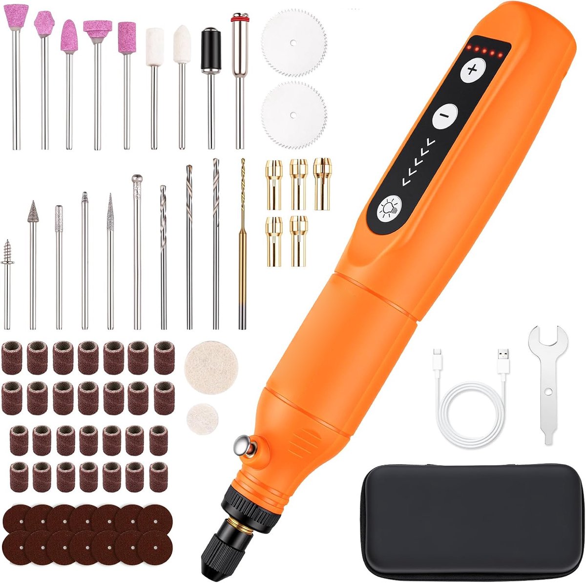 Multifunctioneel Gereedschap – Draadloos Draaigereedschap en Rotatiegereedschap met 5 Snelheden 3000–15000 RPM – Rotatiegereedschapsset met 70 Accessoires – Mini Schuurmachine en Graveerpen – Gereedschapsset met USB-C en LED – Oranje