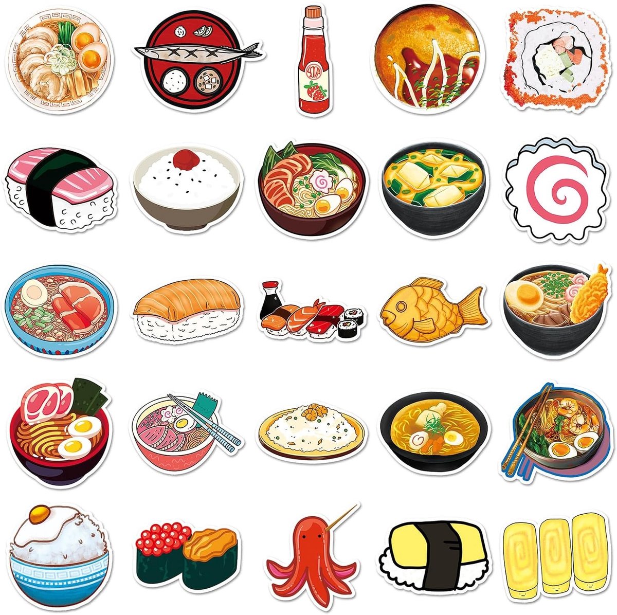 Sushi Stickers - 50 Stuks Waterproof Vinyl Stickers voor Skateboards, Fietsen en Laptops, Perfect voor Kinderen en Tieners
