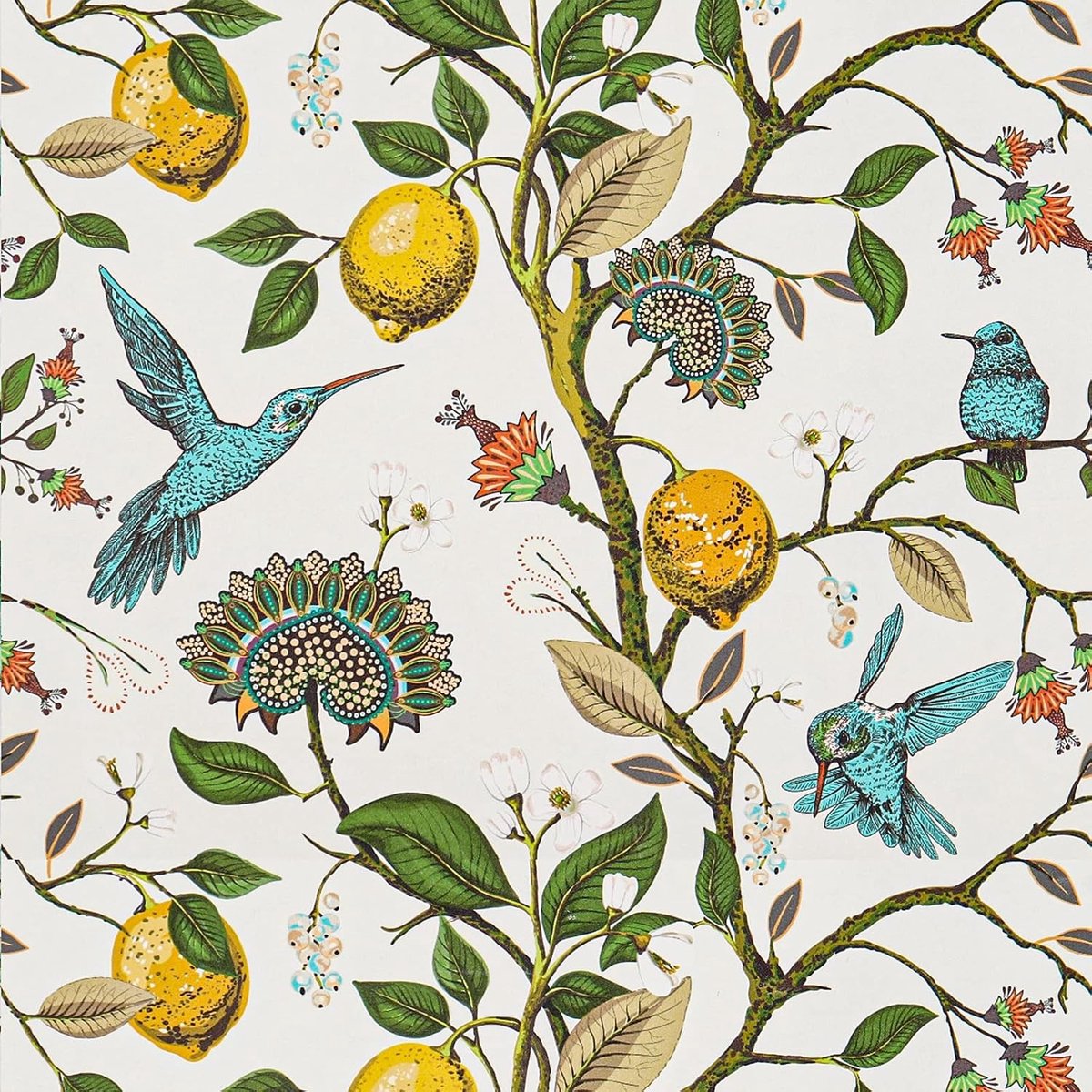 Lemon Behang met Blauwe Vogels en Bloemen - Zelfklevend Botanisch Behang voor Woonkamer en Slaapkamer, 45 cm × 3 m, Art Deco Stijl, Groen Blad Design