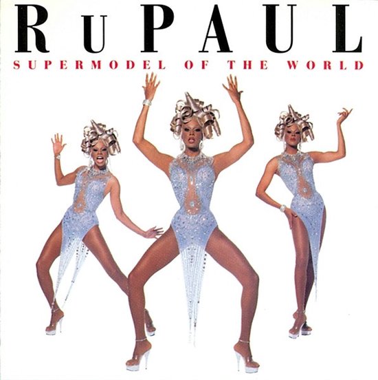 RuPaul in glinsterende blauwe bodysuit met hoge hakken en complex opgestoken kapsel op het album Supermodel of the World.