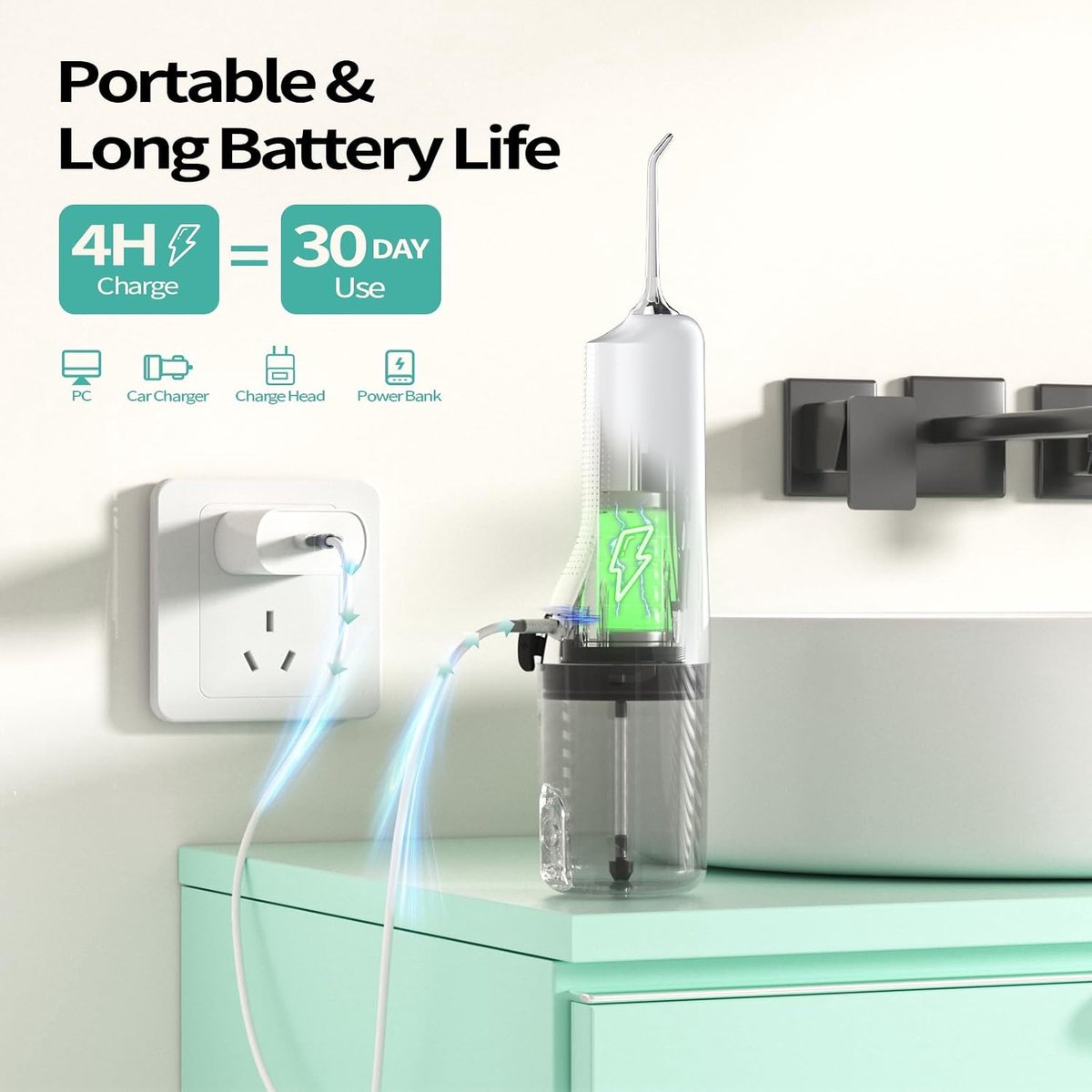 Waterflosser, Draadloze Monddouche met 5 Opzetstukken en 4 Reinigingsstanden, 260 ml Waterreservoir, IPX7 Waterbestendig, Draagbare Mondirrigator voor Dagelijkse Mondverzorging, Thuis en Reizen-Wit thumbnail 5
