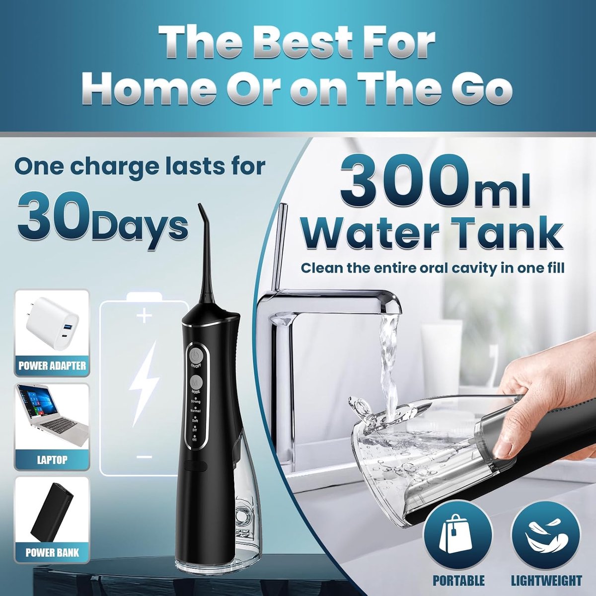 Waterflosser, Draadloze Monddouche met 4 Reinigingsstanden, 300 ml Waterreservoir, DIY-Drukregeling, IPX7 Waterbestendig, Oplaadbare Mondirrigator voor Dagelijkse Mondverzorging, Thuis en Reizen, Wit thumbnail 5