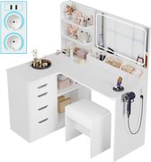 Devoko Coiffeuse d'angle avec miroir et éclairage LED - Table de maquillage en L avec 2 prises, USB et USB-C - 5 tiroirs, tabouret et support pour sèche-cheveux - 120x80x136 cm - Blanc