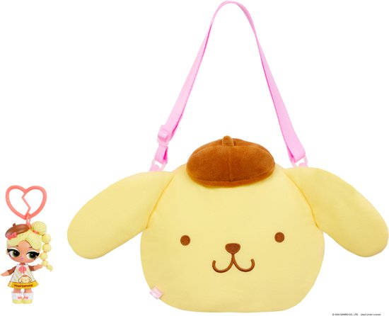 Gele Pompompurin pluche schoudertas naast een Pompompurin minipop met een roze hartvormige sleutelhanger.