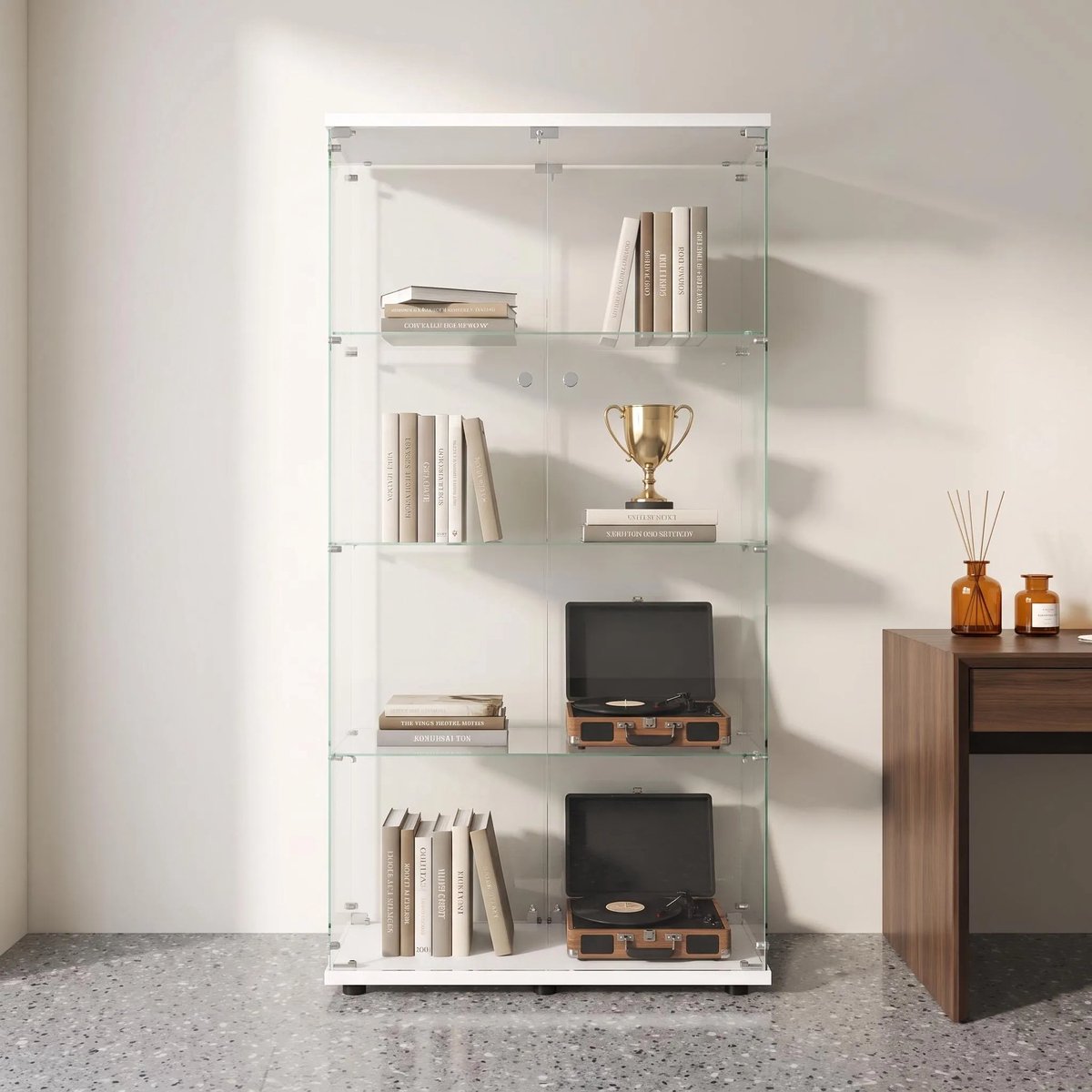 Glazen vitrinekast 80,5 x 36 x 164 cm – Vitrinekast met 2 deuren en slot – 4 planken display kast van gehard glas – wit vitrinekast voor woonkamer en kantoor
